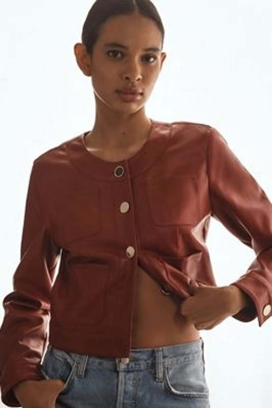Maeve Cora Patch pocket Faux Leather Crop Jacket Small Red Burgundy Fall Chic